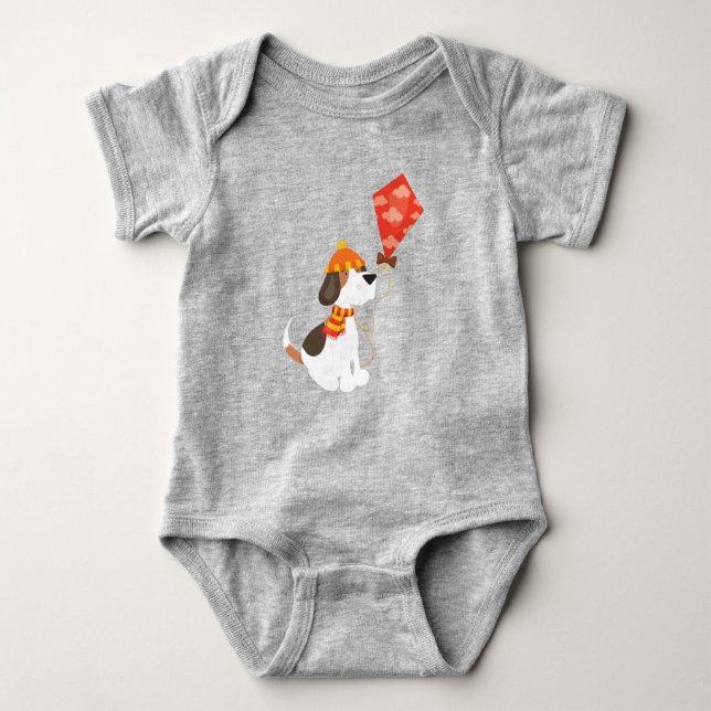 Autumn Dog, Cute Dog, Dog With Kite, Scarf, Hat Baby Bodysuit (Front)