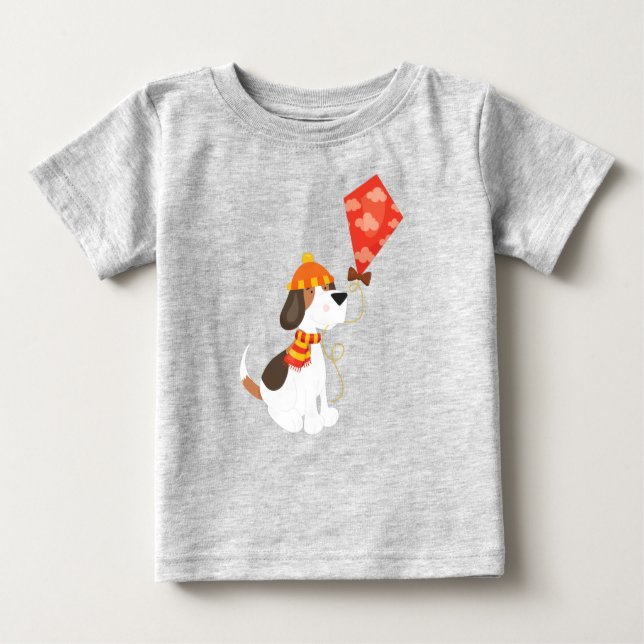 Autumn Dog, Cute Dog, Dog With Kite, Scarf, Hat Baby T-Shirt (Front)