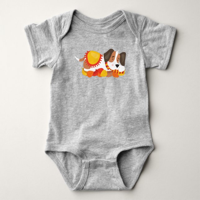 Autumn Dog, Cute Dog, Sleeping Dog, Autumn Leaves Baby Bodysuit (Front)