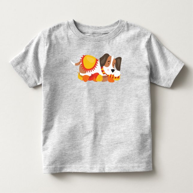 Autumn Dog, Cute Dog, Sleeping Dog, Autumn Leaves Toddler T-Shirt (Front)