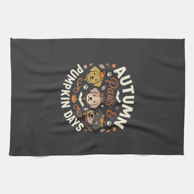Autumn Dog Pumpkin Paws Tea Towel (Horizontal)