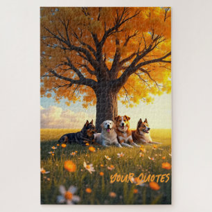 Autumn Dogs Resting Under Big Tree Jigsaw Puzzle