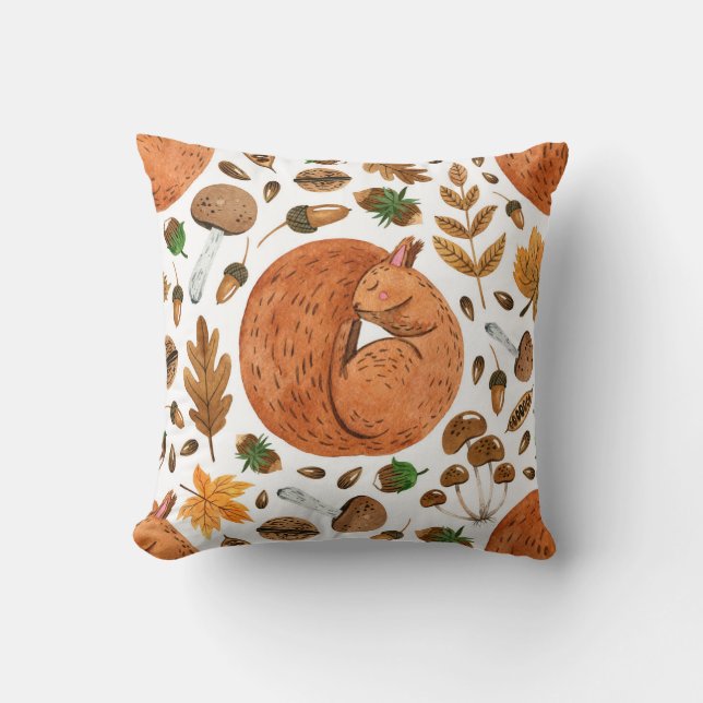 Autumn Dreams: Watercolor Squirrel Haven Cushion (Front)