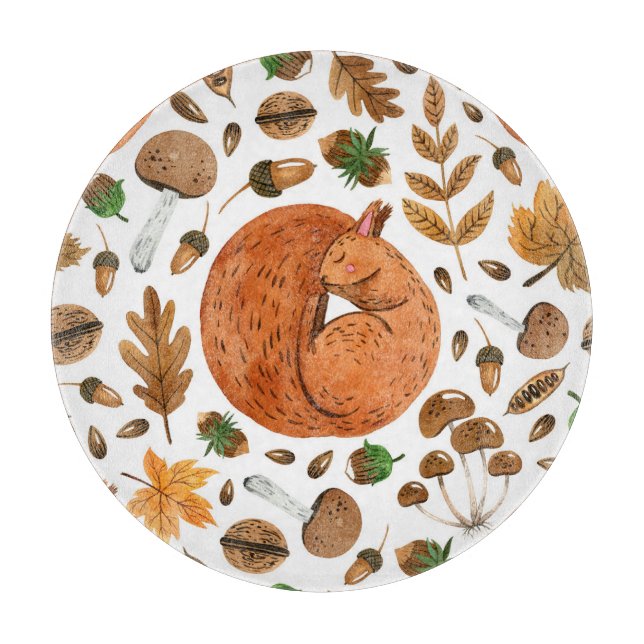 Autumn Dreams: Watercolor Squirrel Haven Cutting Board (Front)