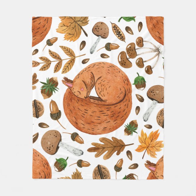 Autumn Dreams: Watercolor Squirrel Haven Fleece Blanket (Front)