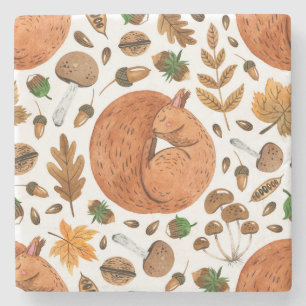 Autumn Dreams: Watercolor Squirrel Haven Stone Coaster