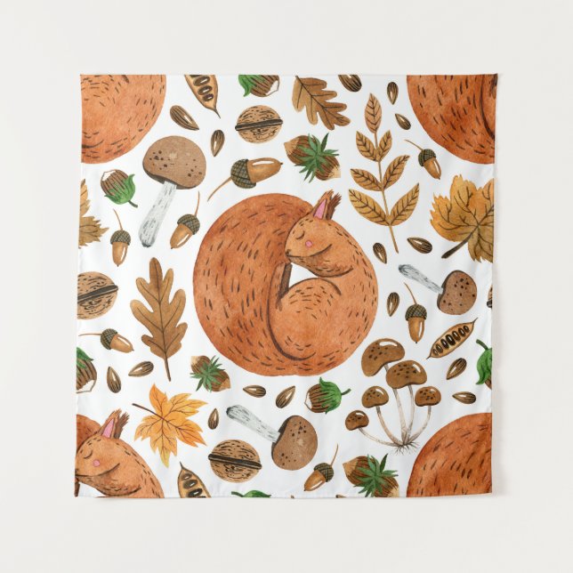 Autumn Dreams: Watercolor Squirrel Haven Tapestry (Front)