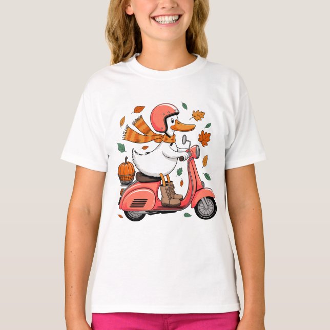 Autumn Duck Vespa Pumpkin Scooter Ride Fall Leaves T-Shirt (Front)