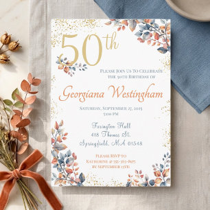 Autumn Elegance 50th Birthday Glitter Invitation