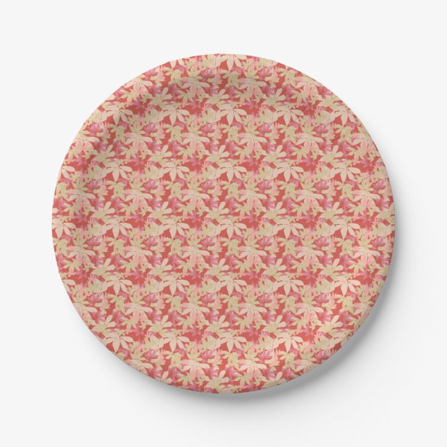 Autumn elegance, coral, peach maple leaf pattern paper plate (Front)