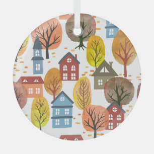 Autumn Elegance: Watercolor City and Trees Glass Tree Decoration