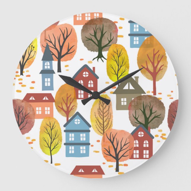 Autumn Elegance: Watercolor City and Trees Large Clock (Front)