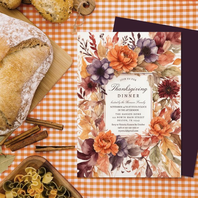Autumn Elegance Watercolor Floral Thanksgiving Invitation (Creator Uploaded)