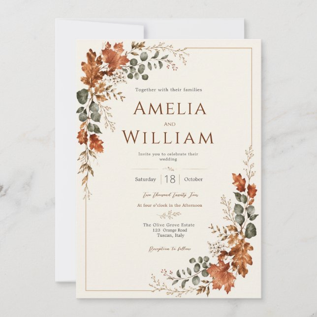 Autumn Elegant Fall Rustic Leaf Timeless Wedding   Invitation (Front)