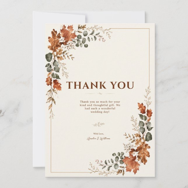 Autumn Elegant Fall Rustic Leaf Timeless Wedding Thank You Card (Front)