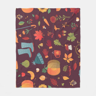 Autumn elements, dark background, vintage fleece blanket
