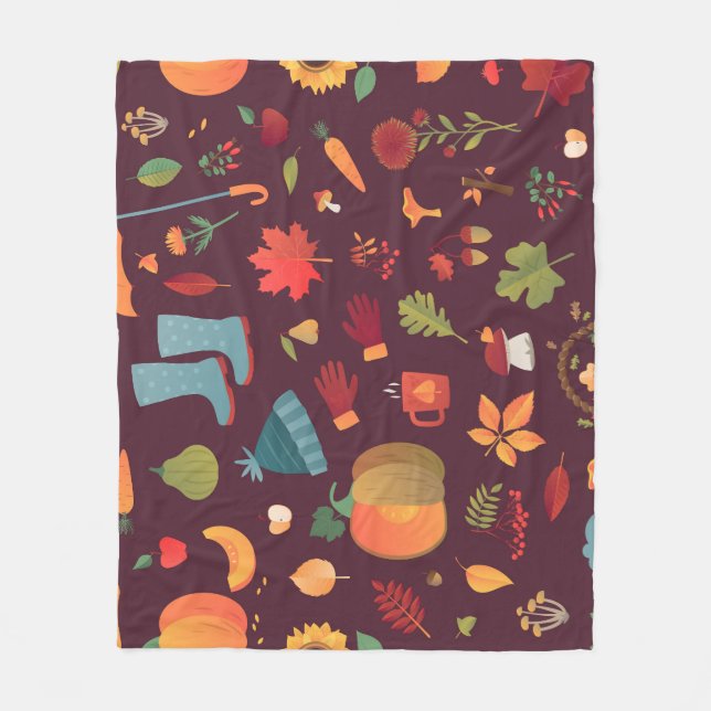 Autumn elements, dark background, vintage fleece blanket (Front)