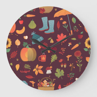 Autumn elements, dark background, vintage large clock