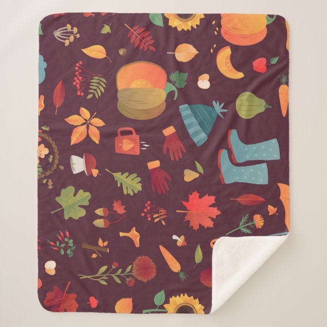 Autumn elements, dark background, vintage sherpa blanket (Front)