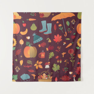 Autumn elements, dark background, vintage tapestry