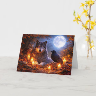 Autumn Equinox Wolf Owl Raven Moon and Candles Card