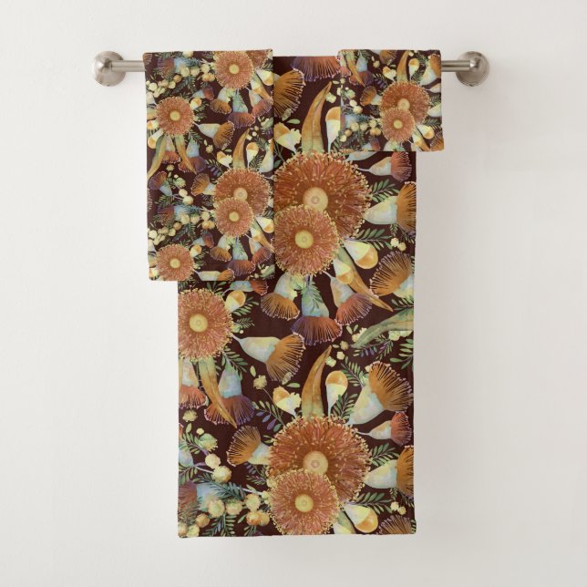 Autumn Eucalyptus And Wattle Pattern Bath Towel Set (Insitu)