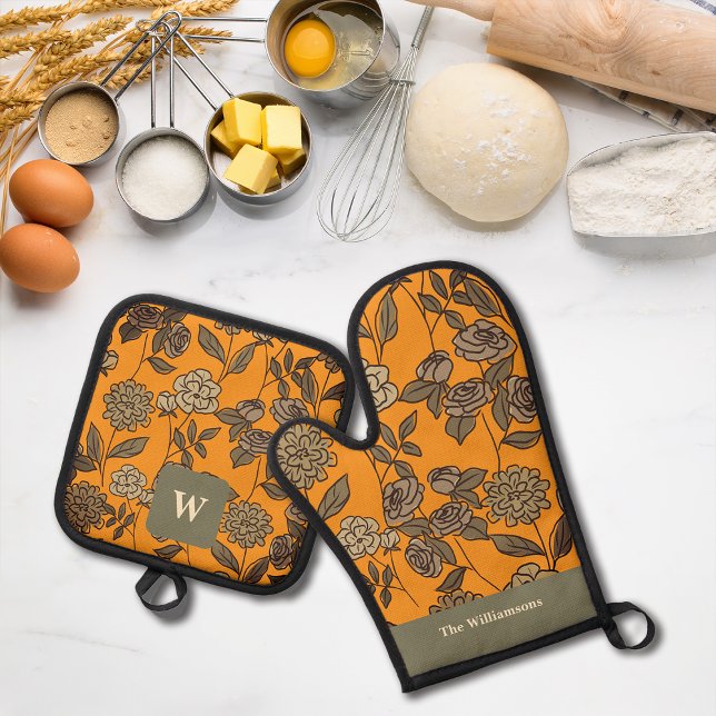 Autumn Exotic Flowers Customise Monogram Oven Mitt & Pot Holder Set (Creator Uploaded)