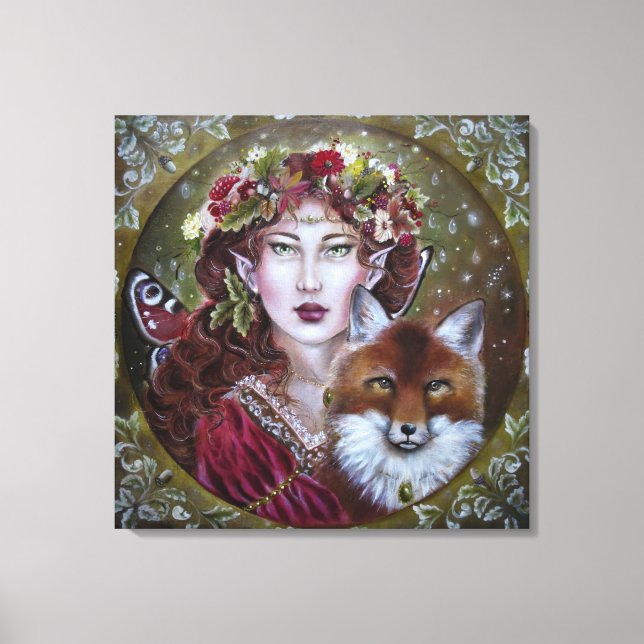 Autumn fairy with a fox stretched canvas print (Front)
