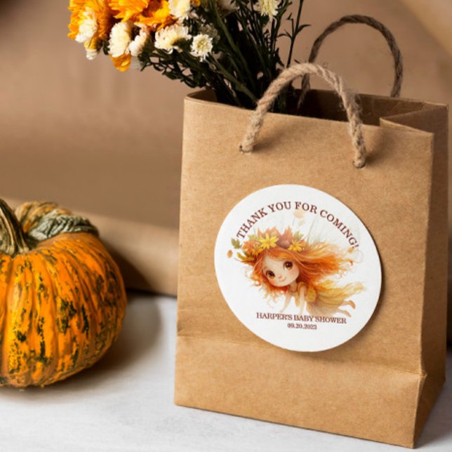Autumn Fairy Woodland Baby Shower  Classic Round Sticker (Step into an enchanting autumn forest where fairies flutter, and woodland creatures play. )