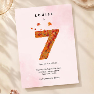 Autumn Fall 7th Birthday Watercolor Leaf Pink Birt Invitation
