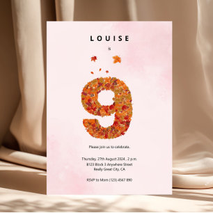 Autumn Fall 9th Birthday Watercolor Leaf Pink Birt Invitation