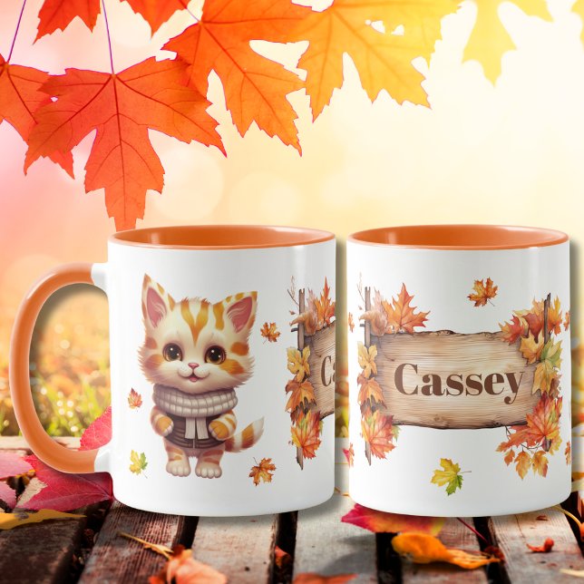 Autumn Fall Animal Adorable Cat Personalised Mug (Creator Uploaded)
