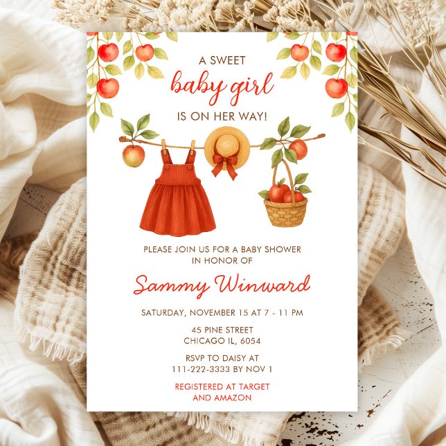 Autumn Fall Apple Clothes Line Girl Baby Shower Invitation (Creator Uploaded)