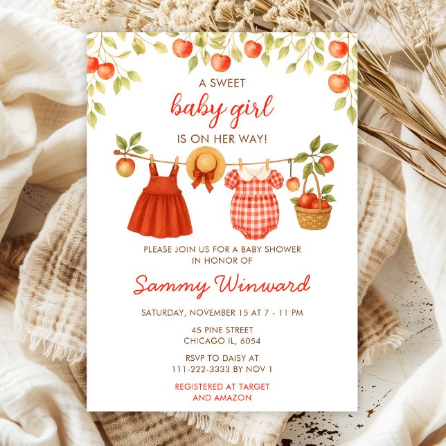 Autumn Fall Apple Clothes Line Girl Baby Shower Invitation (Creator Uploaded)