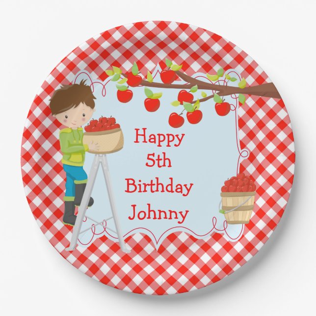 Autumn Fall Apple Picking Brunette Boy Birthday Paper Plate (Front)