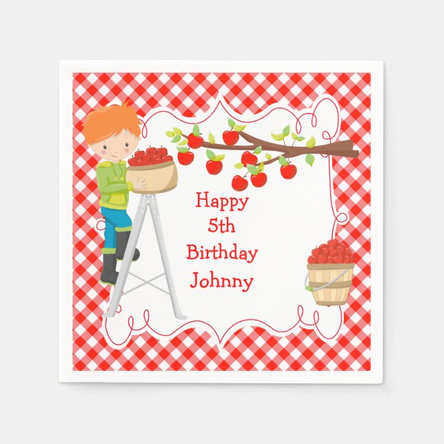 Autumn Fall Apple Picking Red Hair Boy Birthday Napkin (Front)