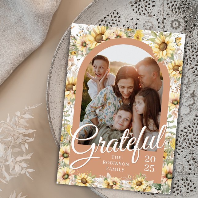 Autumn Fall Arch Coral Peach Grateful Thanksgiving Holiday Card (elegant floral happy thanksgiving card with sunflowers on coral arch for family with year and name)