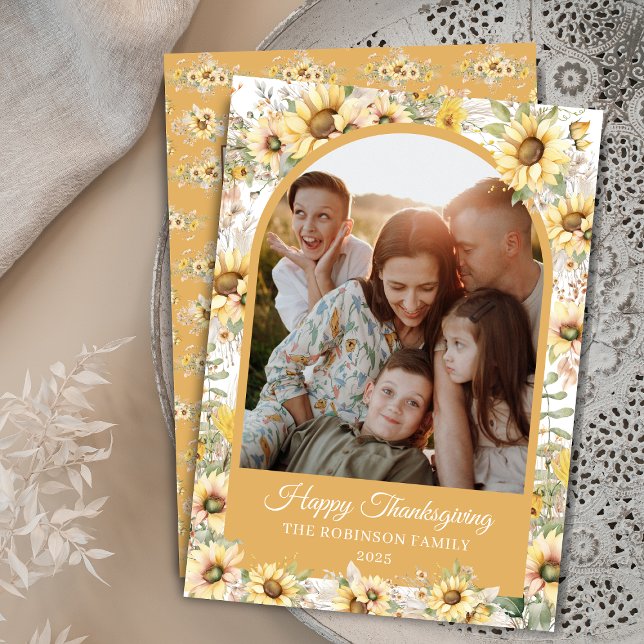 Autumn Fall Arch Watercolor Happy Thanksgiving Holiday Card (elegant autumn fall watercolor sunflowers happy thanksgiving cards with arch photo for family work)