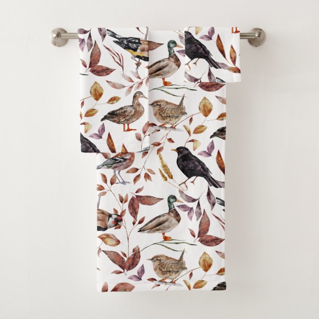 Autumn Fall Birds Pattern Bath Towel Set (Insitu)