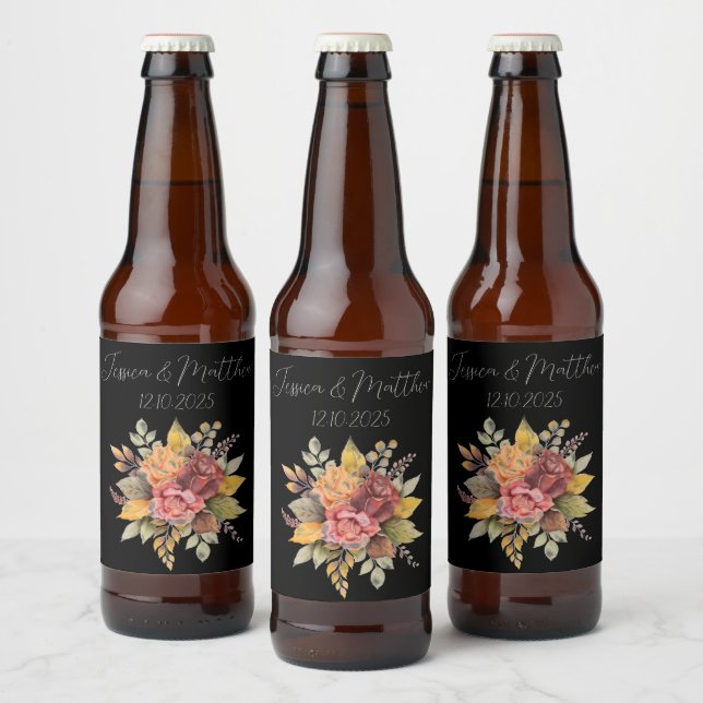 Autumn Fall Black Rustic Watercolor Wedding Beer Bottle Label (Bottles)