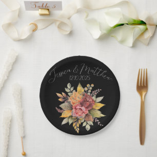 Autumn Fall Black Rustic Watercolor Wedding Paper Plate
