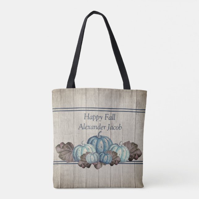 Autumn Fall Blue Pumpkin Rustic Cute Grey Wood  Ba Tote Bag (Back)