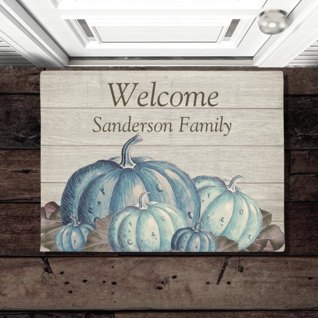 Autumn Fall Blue Pumpkin Rustic Cute Grey Wood   D Doormat (Creator Uploaded)