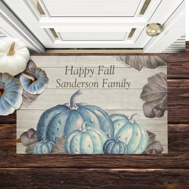 Autumn Fall Blue Pumpkin Rustic Cute Grey Wood Doormat (Creator Uploaded)