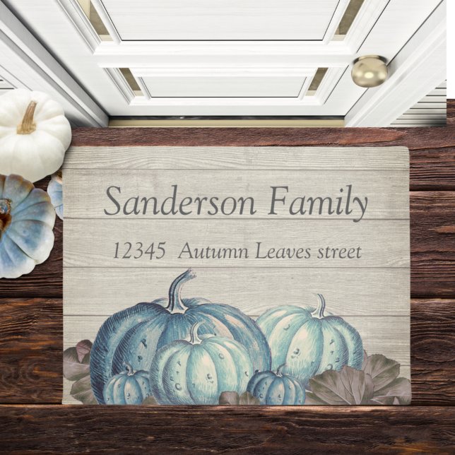Autumn Fall Blue Pumpkin Rustic Cute Grey Wood   Doormat (Creator Uploaded)