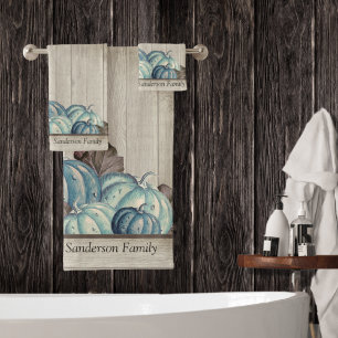 Autumn Fall Blue Pumpkin Rustic Cute Grey Wood  Sh Bath Towel Set