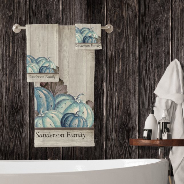 Autumn Fall Blue Pumpkin Rustic Cute Grey Wood  Sh Bath Towel Set (Creator Uploaded)