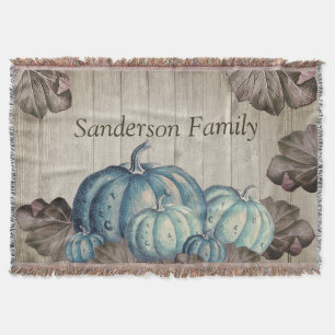 Autumn Fall Blue Pumpkin Rustic Cute Grey Wood Throw Blanket
