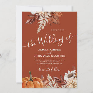 Autumn fall boho botanical terracotta wedding invitation