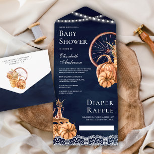 Autumn Fall Boho Pumpkin Navy Blue Baby Shower All In One Invitation